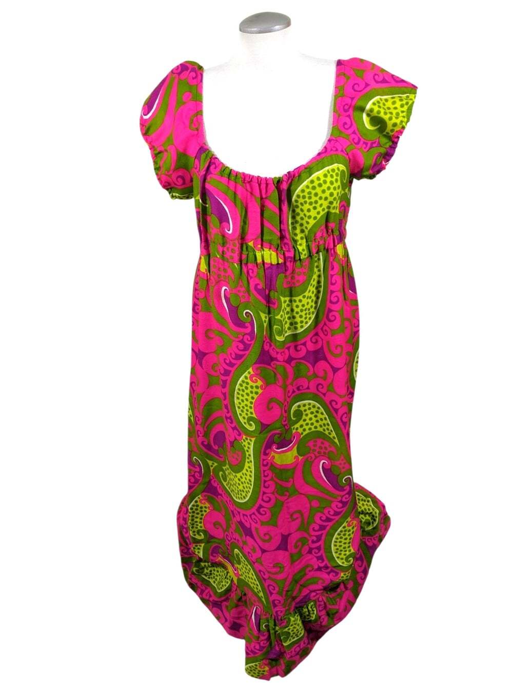 Vintage Kay Silver 60s Babydoll Maxi Dress Psychedelic Print Ruffle Hem Mod